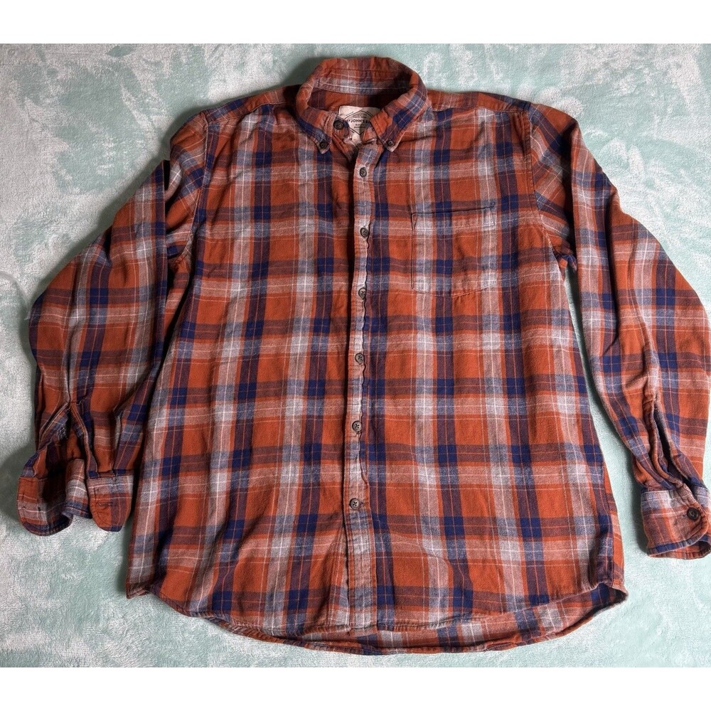 St Johns Bay Mens Orange Blue Plaid Flannel Button Down Shirt Medium